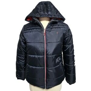 Tommy Hilfiger Navy Blue Red Packable Hooded Women's L Puffer Jacket Y2K Classic